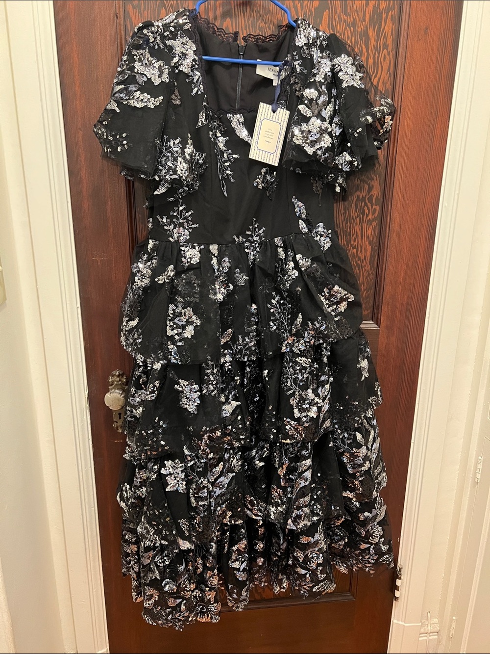 JessaKae Black Floral Tiered Ruffle Dress with Silver Accents
